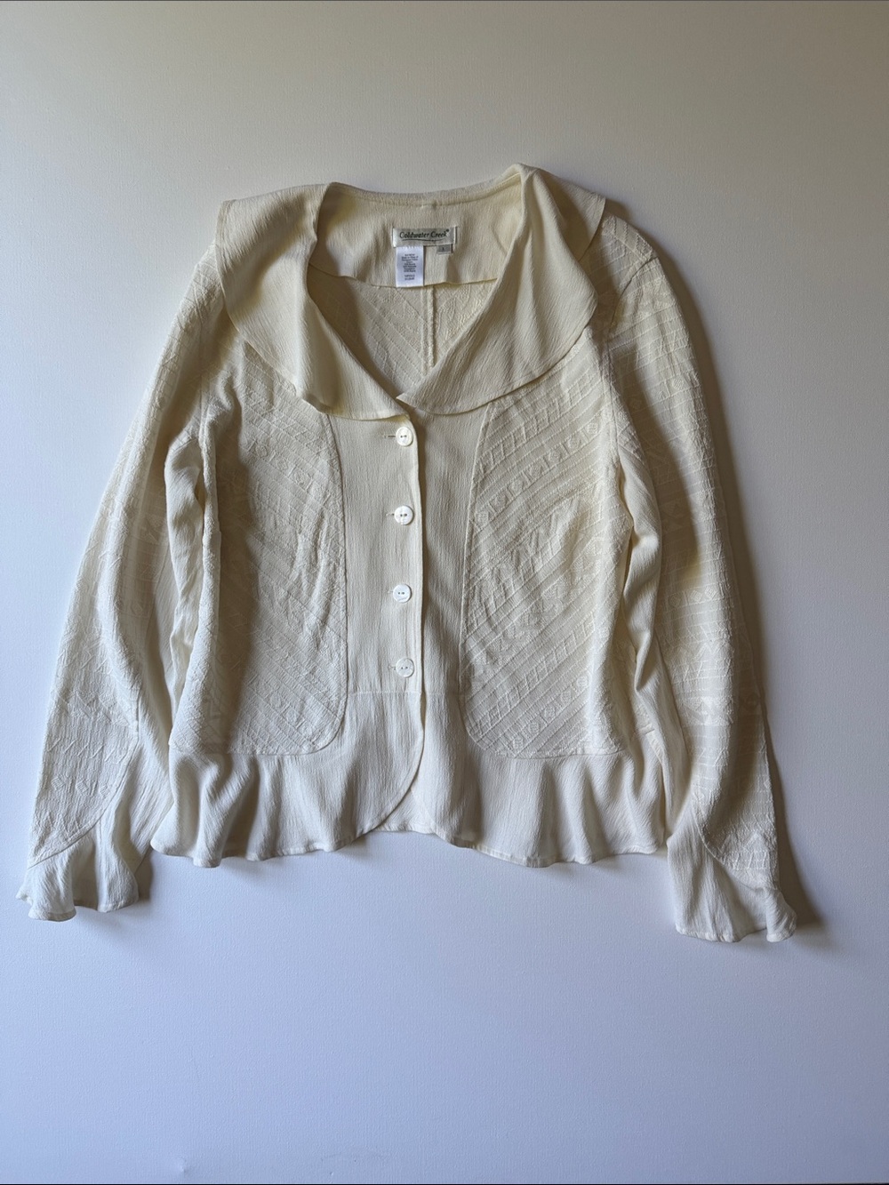 Coldwater Creek Cream Button-Front Peplum Collar Blouse - L